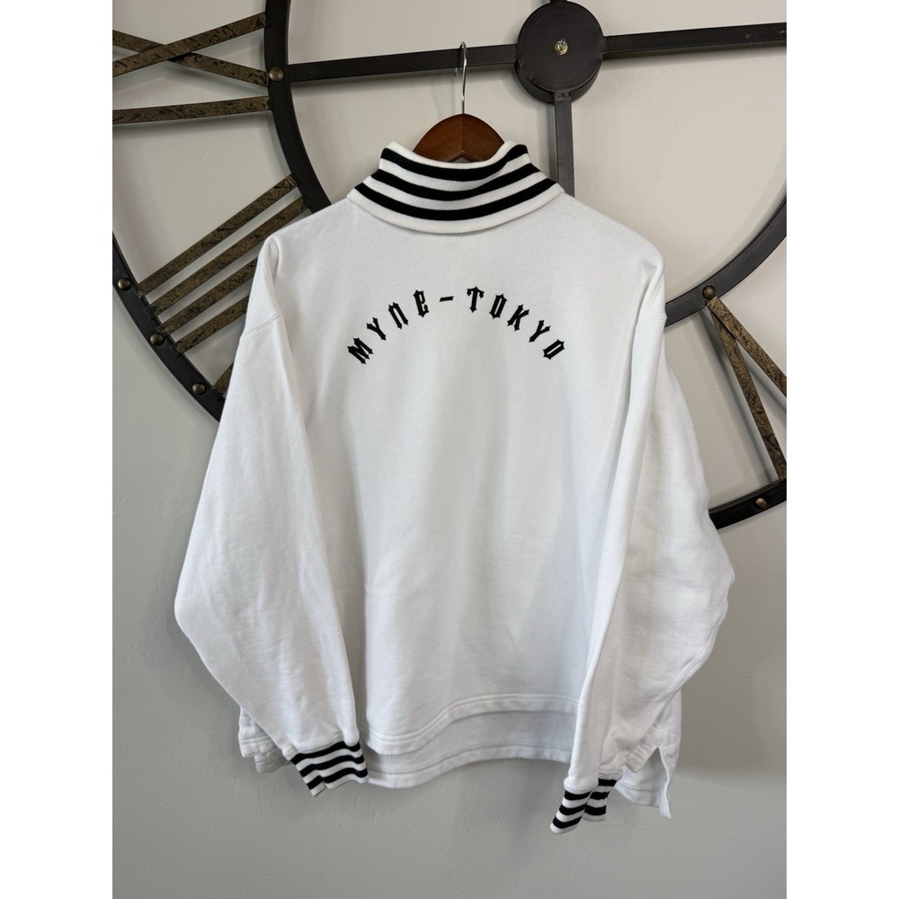 MYNE White/Black Cotton Knit Striped Collar Pullover Sweatshirt Men's Sample